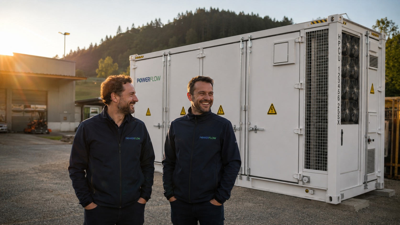Die beiden Gründer von PowerFlow vor einem BESS-Container