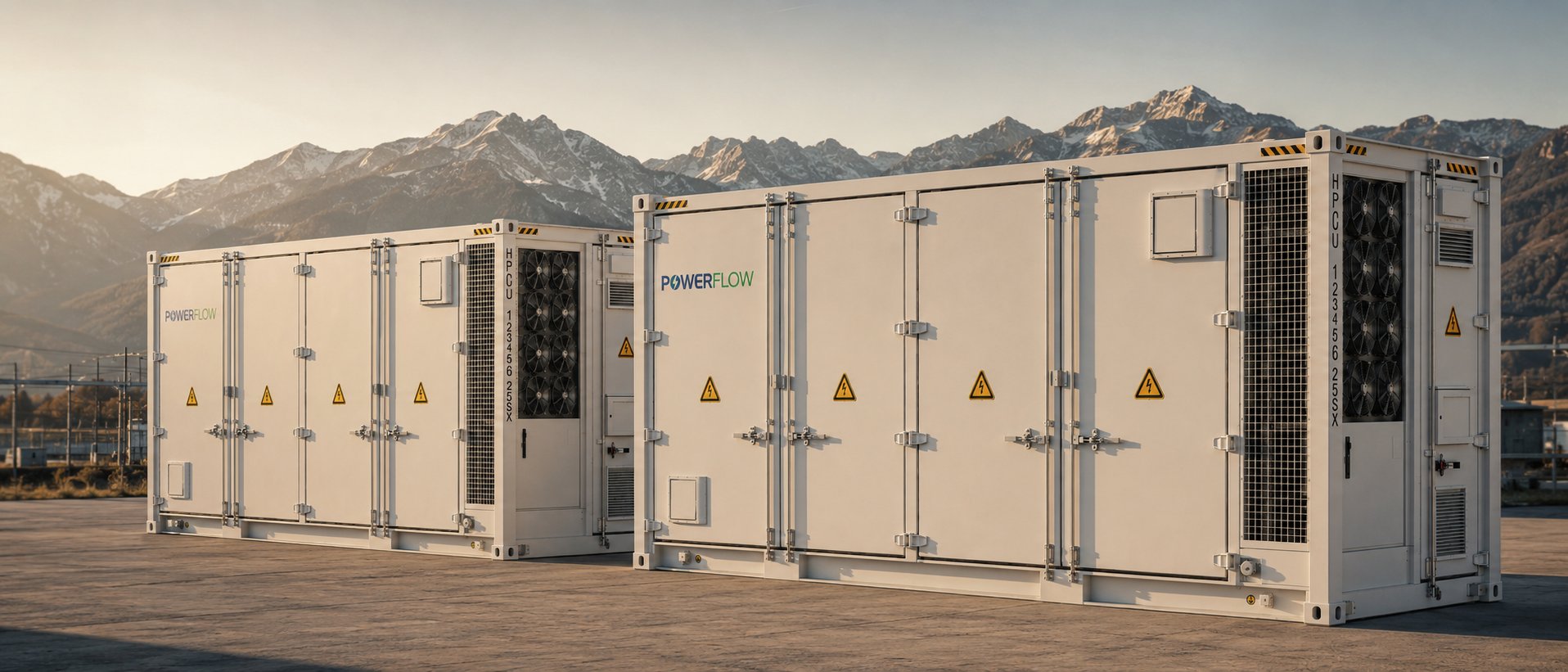 PowerFlow BESS-Container auf Industriegelände mit Alpenkulisse