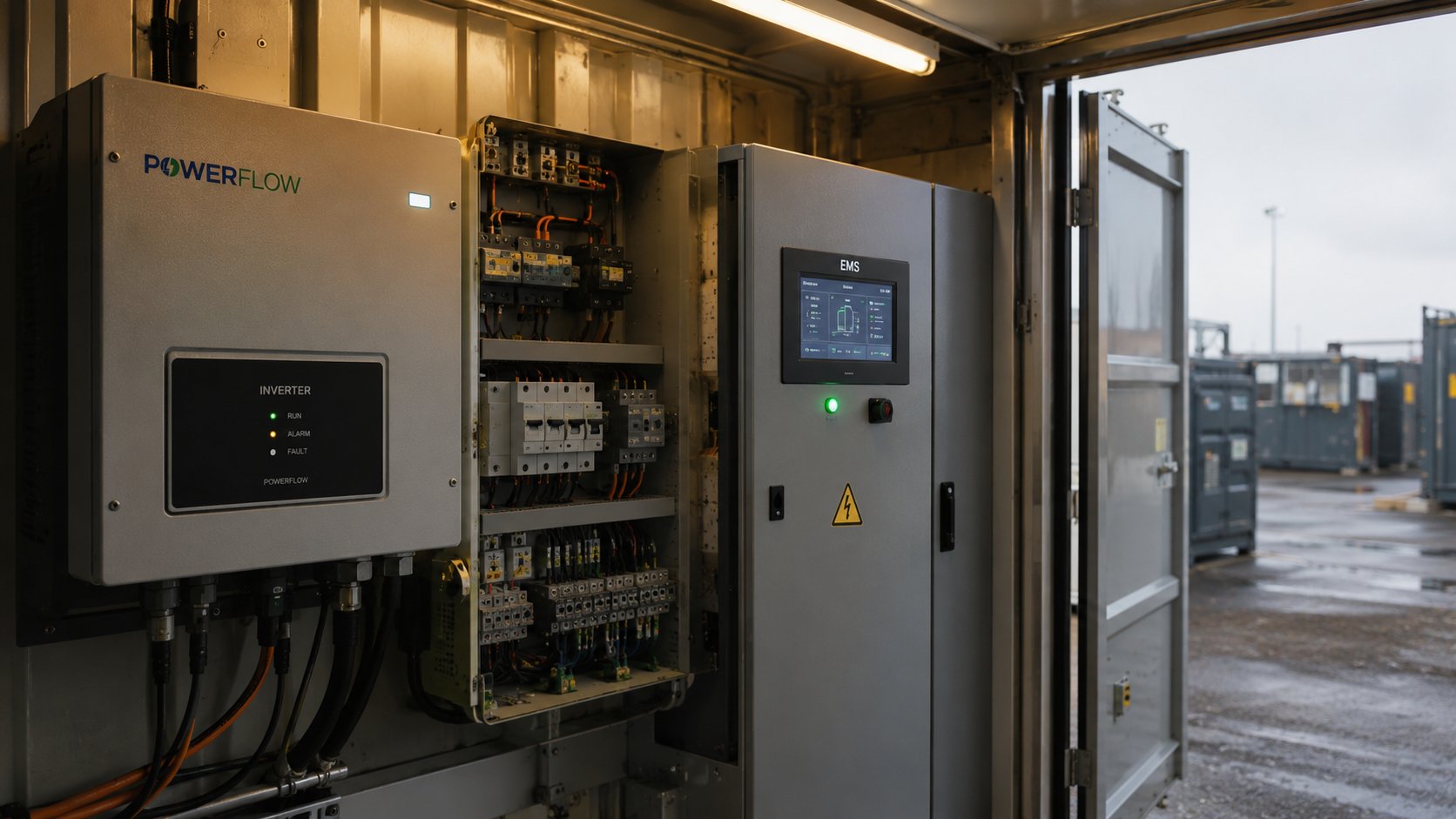 EMS-Einheit und Wechselrichter im PowerFlow-Container