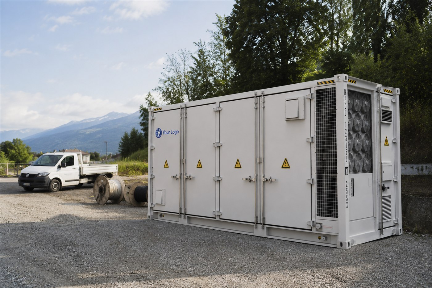 Batteriespeicher-Container mit Partnerlogo in Schweizer Industrieumgebung