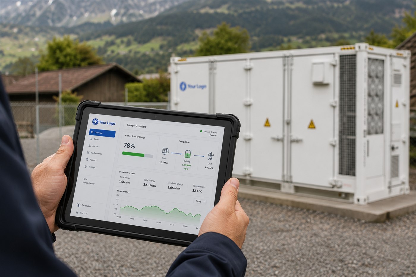 Gebrandetes EMS-Dashboard auf Tablet vor Batteriespeicher-Container