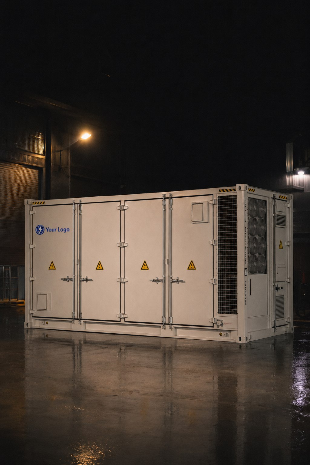 Premium-Batteriespeicher-Container bei Nacht, dramatisch beleuchtet