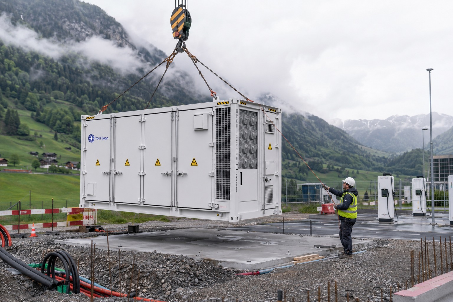Batteriespeicher-Container wird per Kran auf Baustelle gesetzt – Anwendungsfall EPC-Partner